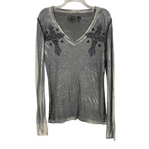 Affliction Live Fast Gray Acid Wash Thermal V-Neck Cross Graphic Long Sleeve L